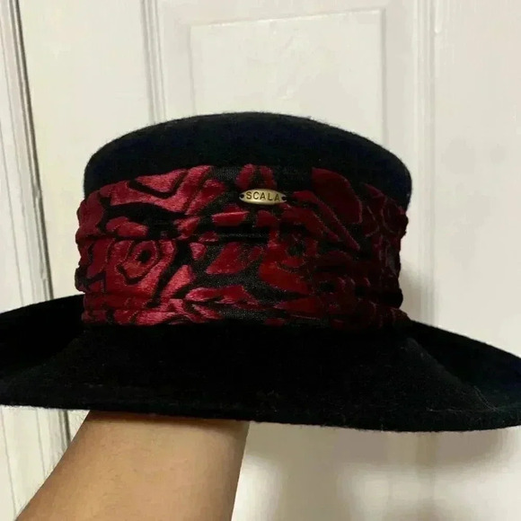 Vintage SCALA 100% wool women\'s black hat, rose bandana style around the hat.